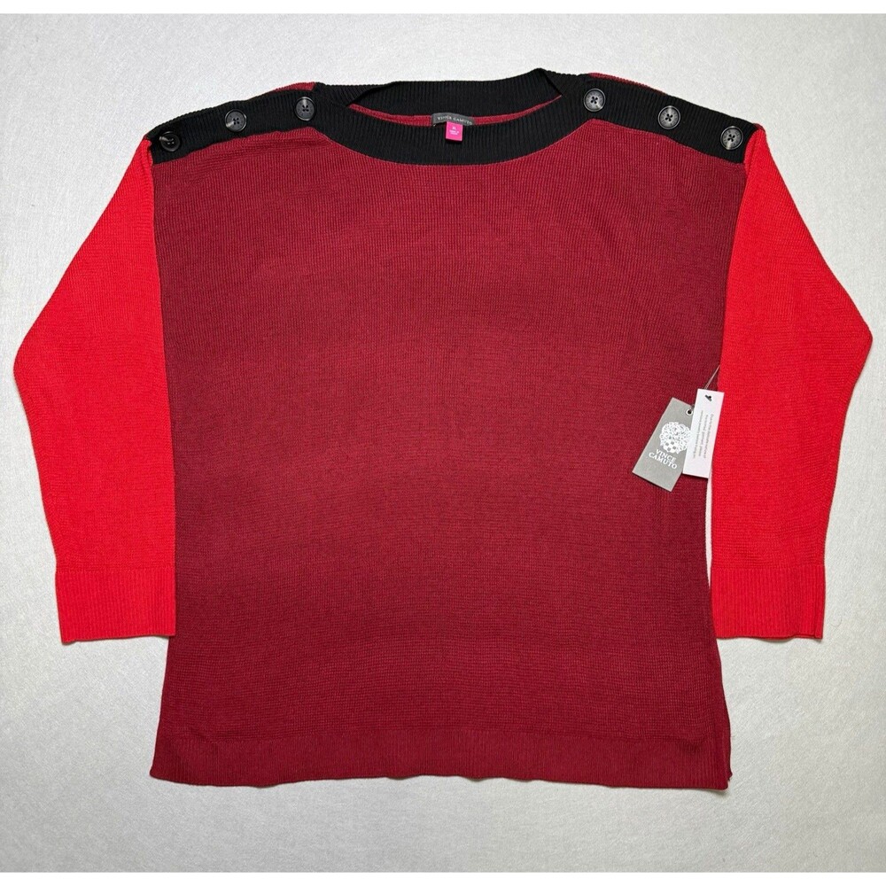 Vince Camuto Womens XL Colorblock Sweater Red Burgundy Black Button Shoulder NWT